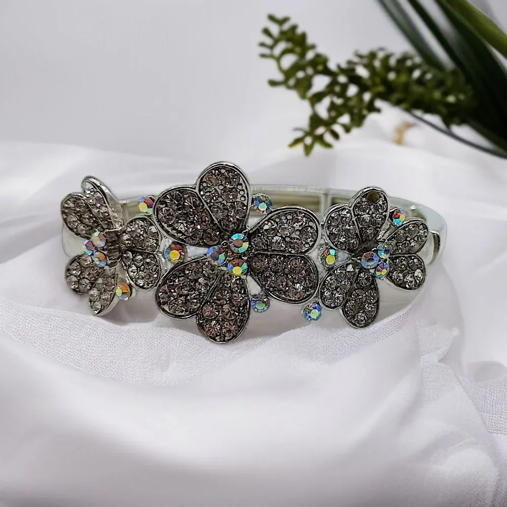Flower Rhinestone Bracelet Stretch Aurora Borealis‎ Silver Tone Fairy Whimsigoth